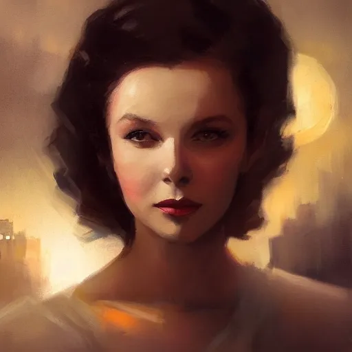 Image similar to portrait of a young vivian leigh, dramatic lighting, city background, night, moon, chiaroscuro, high detail, sharp, painted by greg rutkowski, painted by igor kieryluk, painted by bobby chiu, trending on artstation