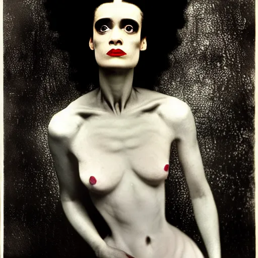 Image similar to a dramatic cinematic portrait photograph of bride of frankenstein influenced by gustav klimt.