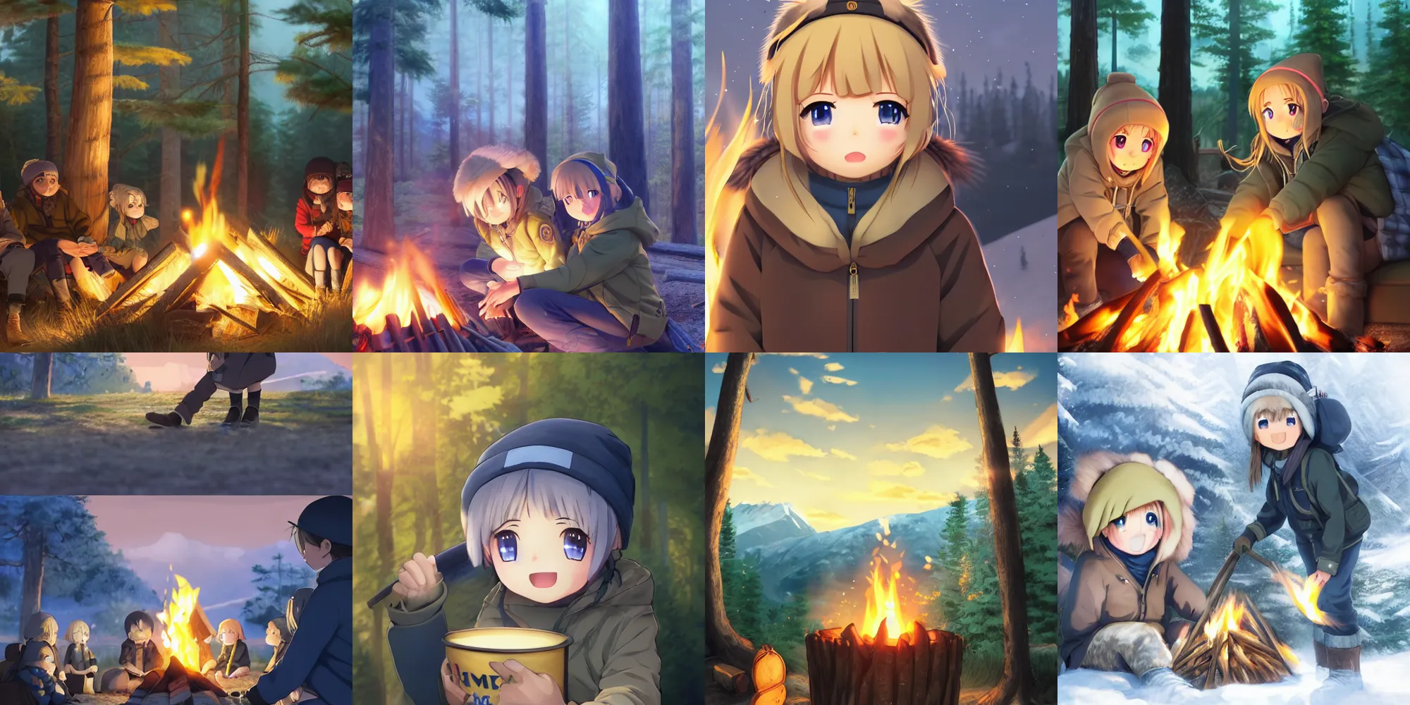 Prompt: yuru camp anime campfire hyperdetailed blue eyes, trending on artstation, cinematic lighting, highly realistically detailed, trending on pixiv , Unreal Engine 4k, detailed faces, manga cover, official anime key visual