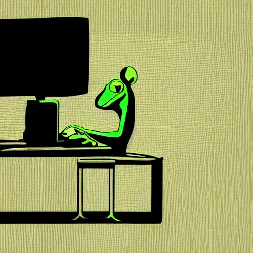 Image similar to sad humanoid frog holding his head in front of a computer screen in a dingy dark room at night. digital art.