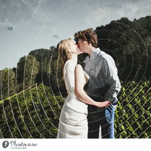 Image similar to a couple kissing, behind them is a window that shows a hilly landscape with vineyards, natural light, dreamy, 7 0 mm, hopper