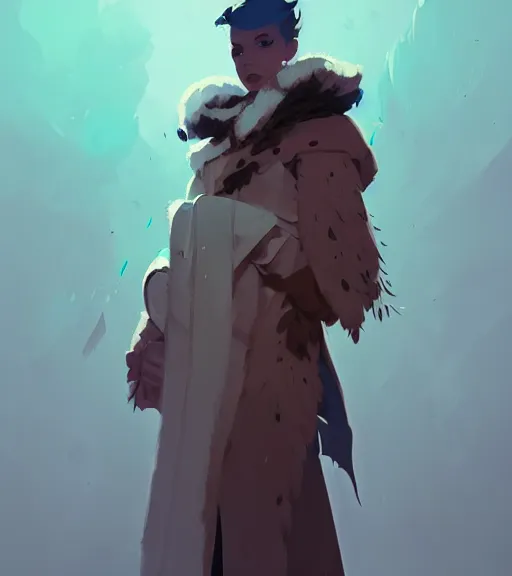 Image similar to portrait of mage with coat made of feathers, dnd character, by atey ghailan, by greg rutkowski, by greg tocchini, by james gilleard, by joe fenton, by kaethe butcher, dynamic lighting, gradient light blue, brown, blonde cream and white color scheme, grunge aesthetic