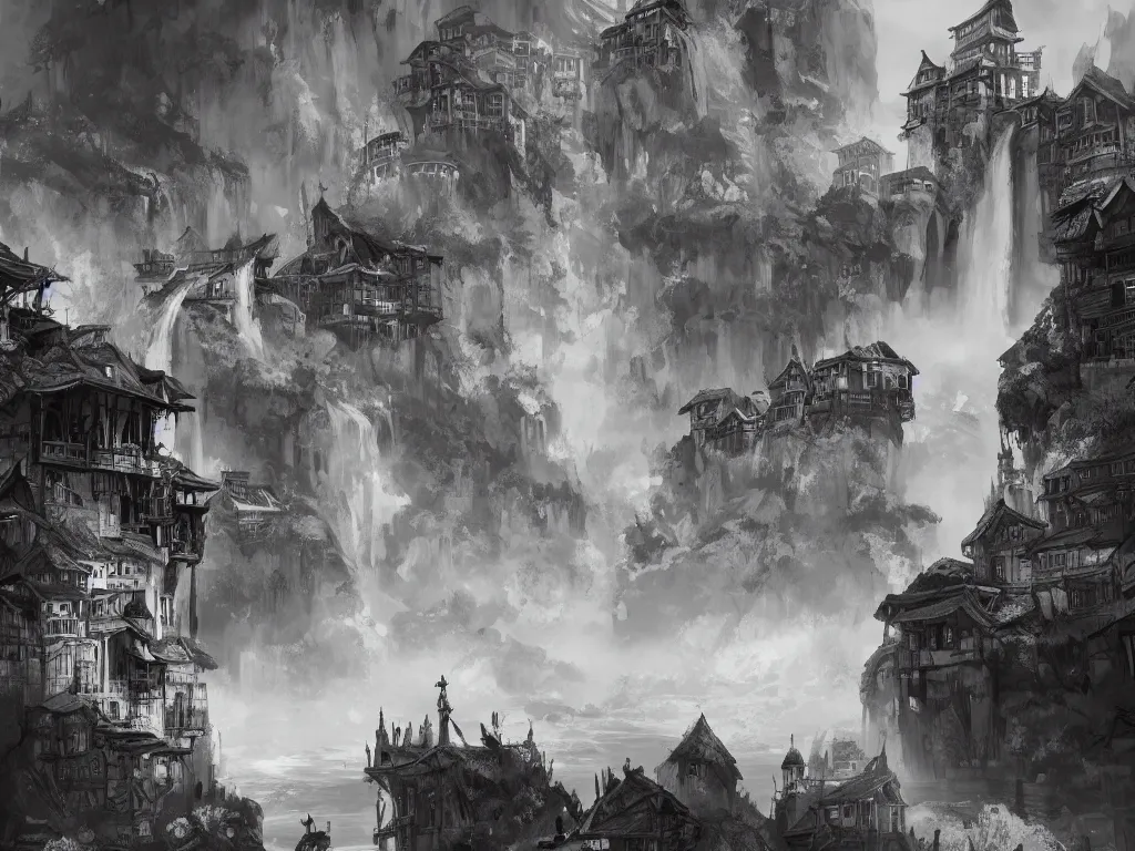 Image similar to impressive concept art of crooked ancient town, artstation, ink, black white, hills, waterfall, river, dominating palace with white walls on top of the hill