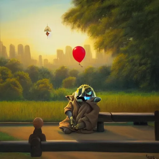 Image similar to eye - level view, shot from 5 0 feet distance, baby yoda plays is on a seesaw at a tranquil city park. a balloon vender sells balloons in the background. depth, dramatic clouds, setting sun. golden hour, oil on canvas painting, detailed, depth, volume, chiaroscuro, quiet intensity, serene.