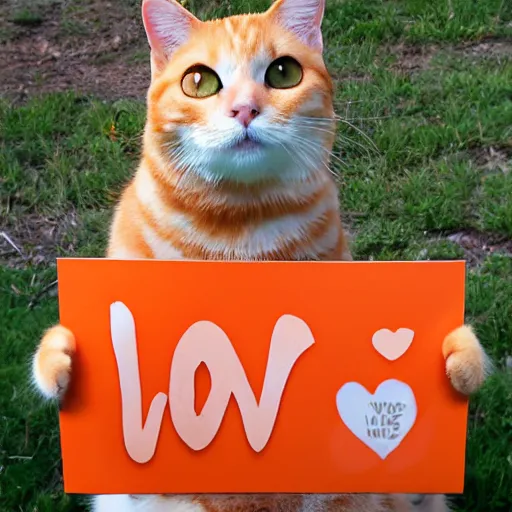 Image similar to cute orange tabby cat holding a sign that says