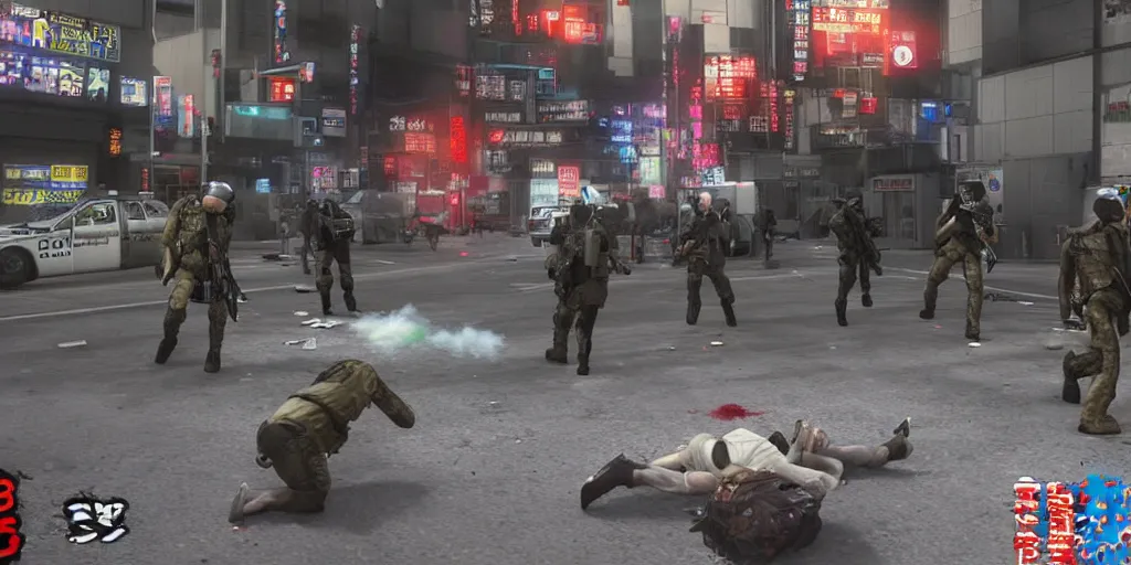 Prompt: 2001 Video Game Screenshot, Anime Neo-tokyo Cyborg bank robbers vs police, Set in Cyberpunk Bank Lobby, bags of money, Multiplayer set-piece :9, Police officers hit by bullets, Police Calling for back up, Bullet Holes and Blood Splatter, :6 ,Hostages, Smoke Grenades, Riot Shields, Large Caliber Sniper Fire, Chaos, Cyberpunk, Money, Anime Bullet VFX, Machine Gun Fire, Violent Gun Action, Shootout, Escape From Tarkov, Intruder, Payday 2, Highly Detailed, 8k :7 by Katsuhiro Otomo + Studio Gainax + Sanaril : 8