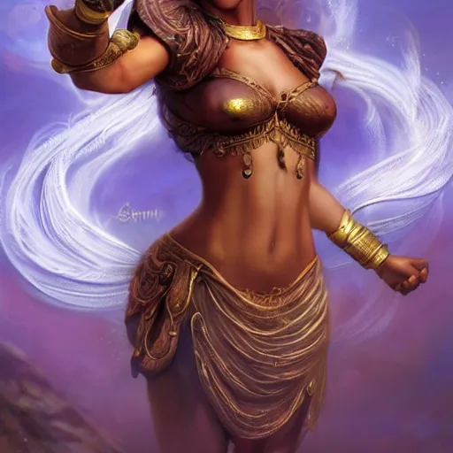 Prompt: a short brown haired brown skinned genie, with abs, pretty, young, emerging from a genie's lamp, rippling with magic, ready to grant a wish by artgerm and wlop and scott fischer and seb mckinnon, digital art, highly detailed, wide shot, intricate, fantasy, mystical, sharp focus, Trending on Artstation HQ, deviantart, unreal engine 5, 4K UHD image