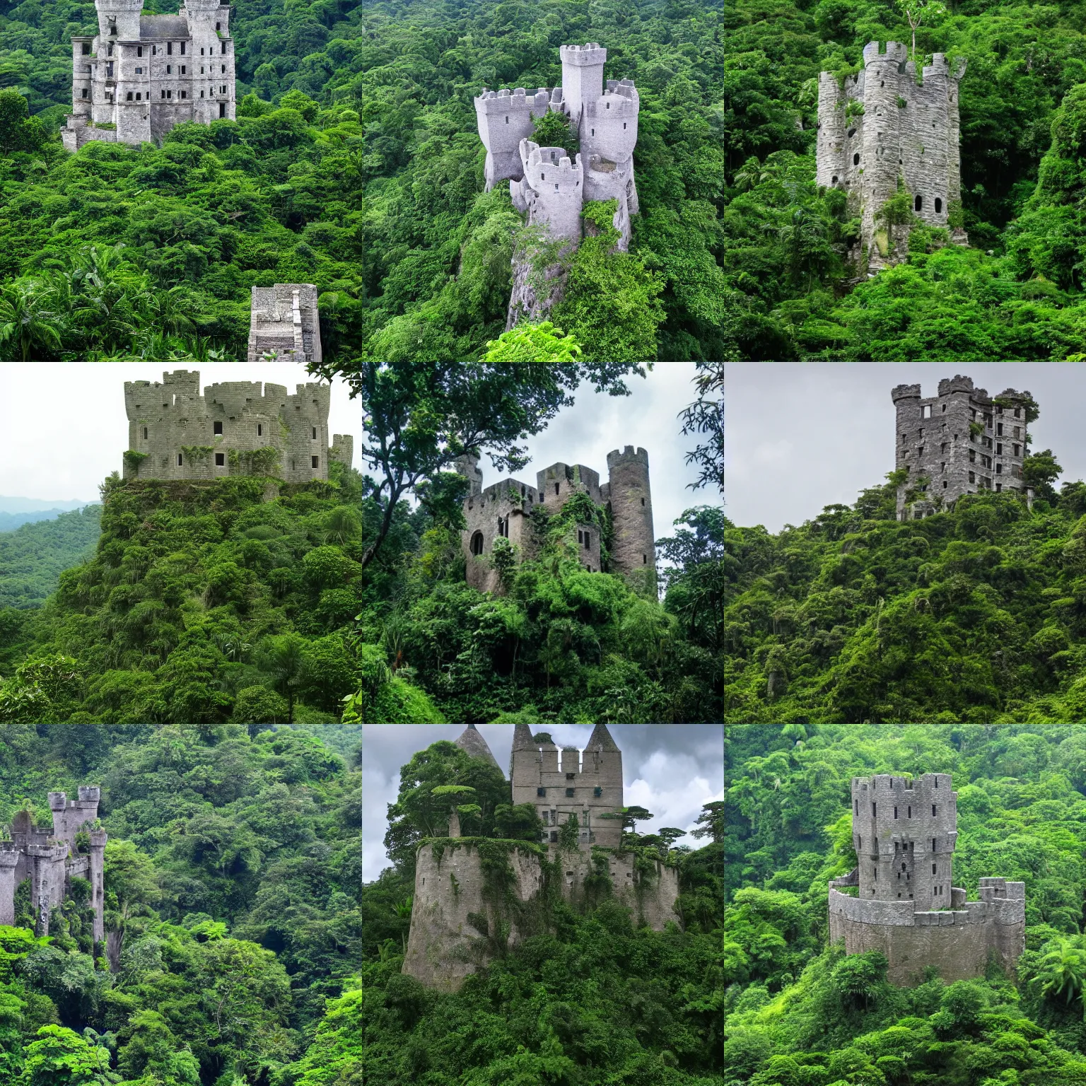 Prompt: a stone castle in the lush equatorial jungle