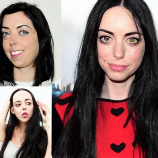 Prompt: a girl with long black hair and a side part, her face is a mix between aubrey plaza, krysten ritter and lucy hale