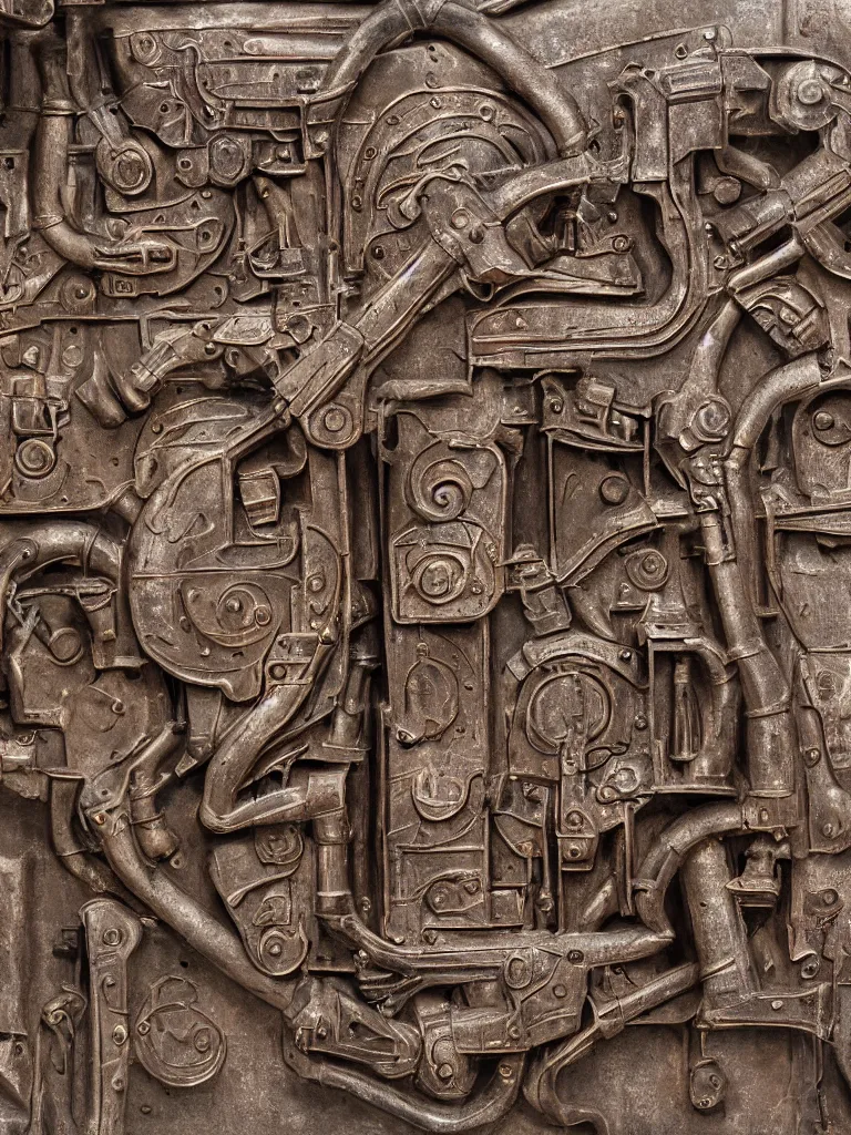 Prompt: relief sculpture carving in rusted steel of machine guns, industrial pipes, shotguns, revolvers, bullets, valves, dramatic lighting, hyperrealistic, ultrarealistic, intricate details, 4k