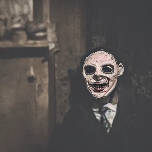 Prompt: photography, horror, a rotting undead corpse wears a wax mask of a healthy, smiling face to conceal the decomposing face beneath, disturbing, dusk, medieval tavern