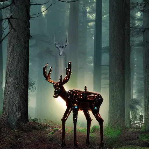 Prompt: a robot deer standing in the woods, digital art, cinematic lighting, epic composition, highly detailed