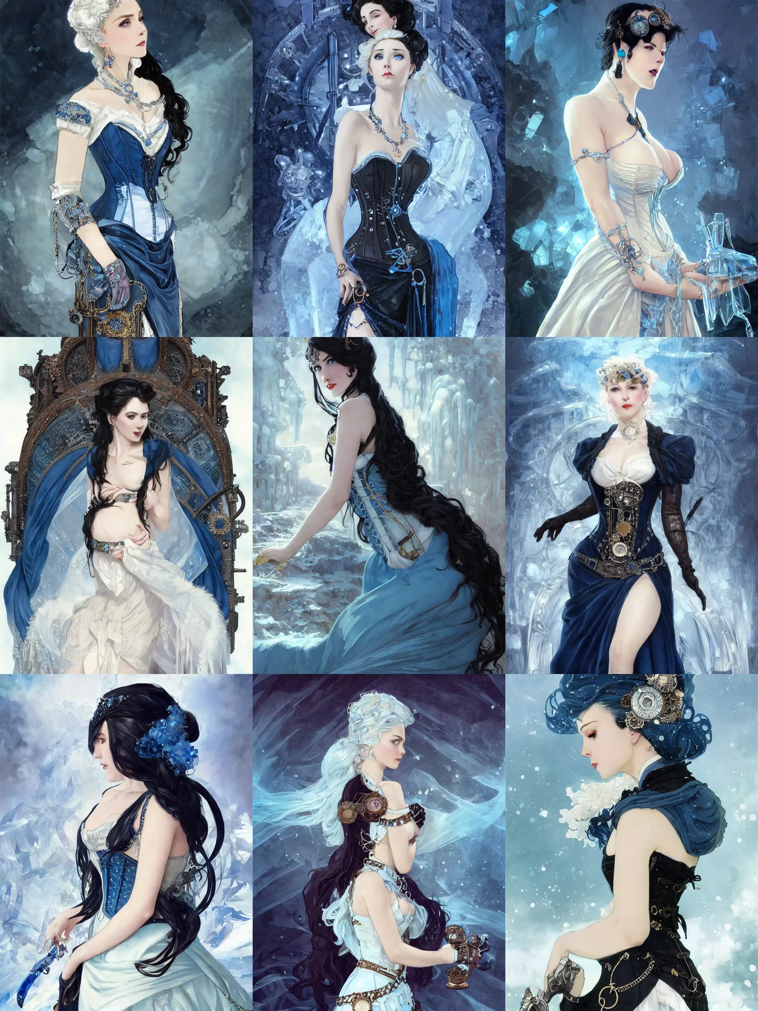 Prompt: steampunk ice lady, corset, pale white skin, sky - blue dress, robes, black jewerly, dark blue hair, ice throne, beautiful ice background, highly detailed, smooth, sharp focus, digital painting, artgerm and greg rutkowski and alphonse mucha