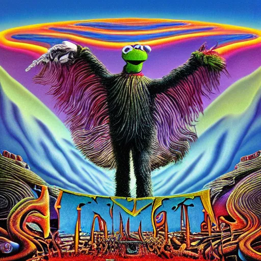 Image similar to animal the muppet on tool album cover, 8 k resolution hyperdetailed scary dystopian surrealism style of alex grey