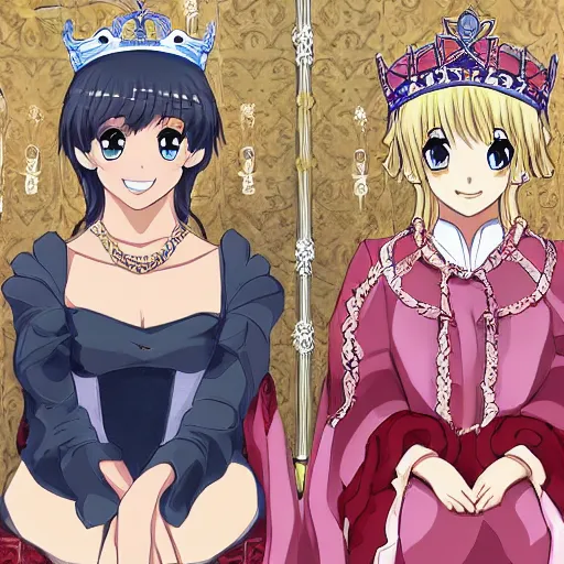 Image similar to two beautiful queens sitting in thrones across from each other, detailed anime art