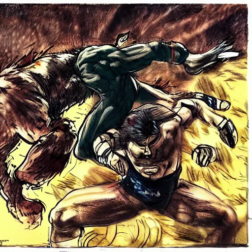 Image similar to one hero wrestling against a lion in the middle of an arena, crowd of people, pencil art, added detail, high definiton, colored, aerial view, blood, yoji shinkawa