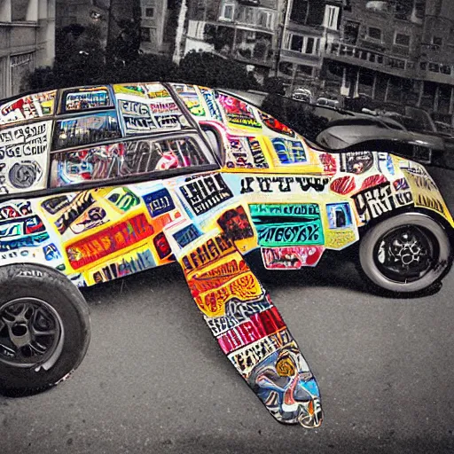 Image similar to !!!!!! sportscar!!!!!! made out of ( ( ( ( punk album art sleeves ) ) ) ), 3 5 mm film