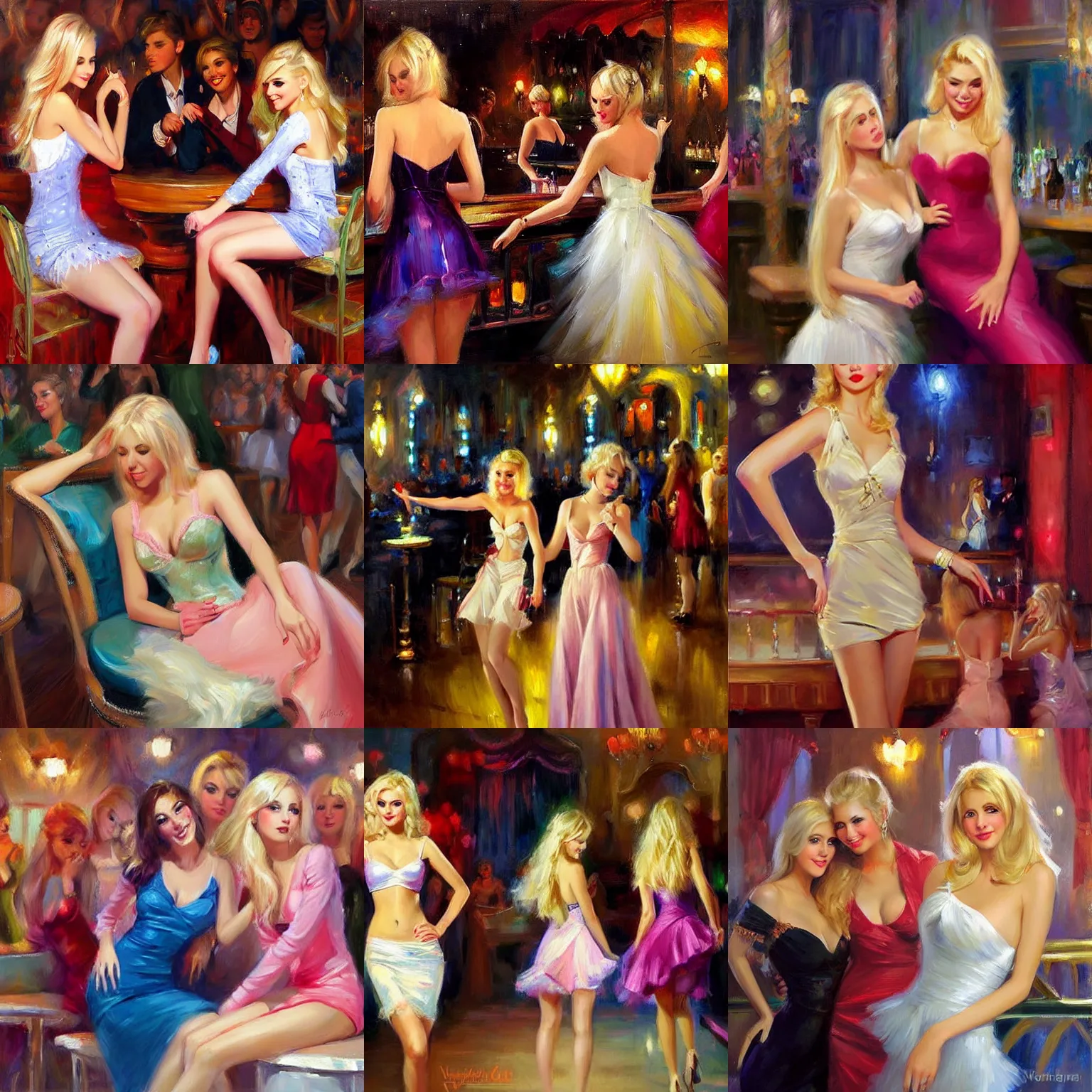 Prompt: young blondes at the night club, painting by Vladimir Volegov,