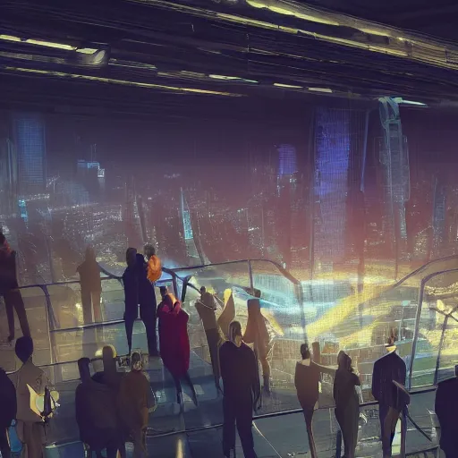 Image similar to large group people in a huge warehouse, gathered around a hologram of futuristic city on a table | cinematic concept art | godrays | 4 k | clear details | tabletop | tabletop | hologram foreground