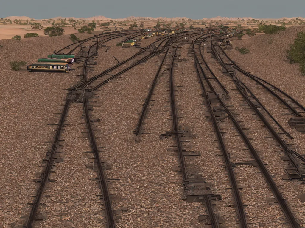 Prompt: train line with water wagons along gigantic pipelines in desert, side view, wes anderson, stylised, artstation