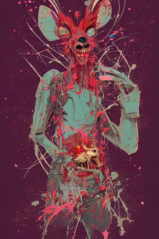Prompt: beautiful necromancer half rat, made of red gucci fabric, dust particles, pixiv fanbox, dramatic lighting, maximalist pastel color palette, splatter paint, pixar and disney exploded - view drawing, graphic novel by fiona staples and dustin nguyen, peter elson, alan bean, wangechi mutu, clean cel shaded vector art, trending on artstation