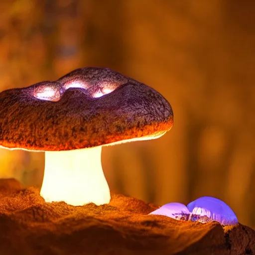 Image similar to glowing mushroom on an alter in canyon, red cliffs, at night