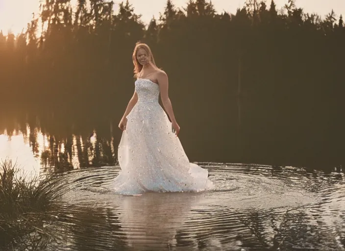 Image similar to a 2 8 mm holga photo of a woman in a formal gown emerging from a lake, misty, morning, splash art, movie still, bokeh, canon 5 0 mm, cinematic lighting, dramatic, film, photography, golden hour, depth of field, award - winning, anamorphic lens flare, 8 k, hyper detailed, 3 5 mm film grain