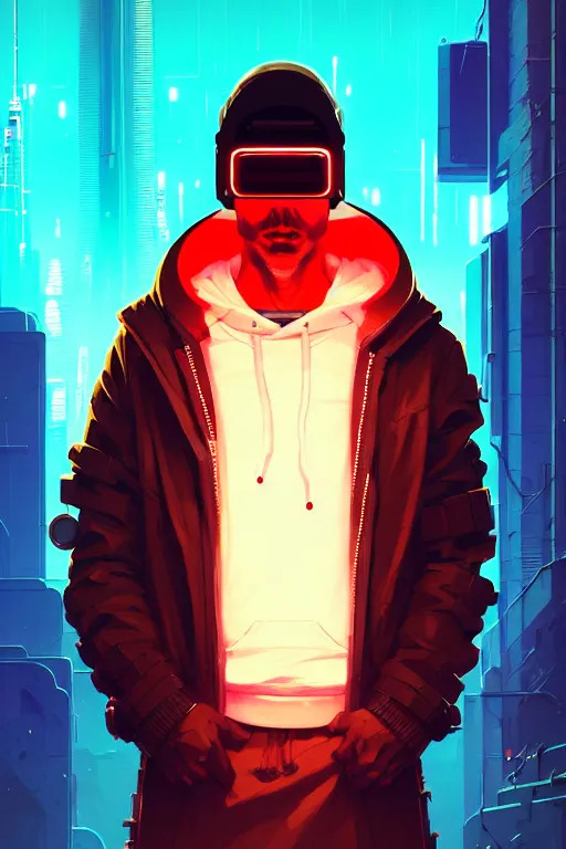 Image similar to cyberpunk synth, hyper - realistic portrait of a man in a white and red hoodie, cyberpunk, by atey ghailan, by greg rutkowski, by greg tocchini, by james gilleard, by joe fenton, by kaethe butcher, dynamic lighting, gradient light blue, brown, neon cinematic lighting color scheme, sharp focus, grunge aesthetic