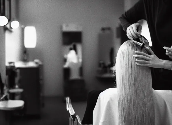 Image similar to a 3 5 mm photo from the back of a woman getting her hair done at the hairdresser in the 1 9 6 0 s, bokeh, canon 5 0 mm, cinematic lighting, dramatic, film, photography, golden hour, depth of field, award - winning, 3 5 mm film grain