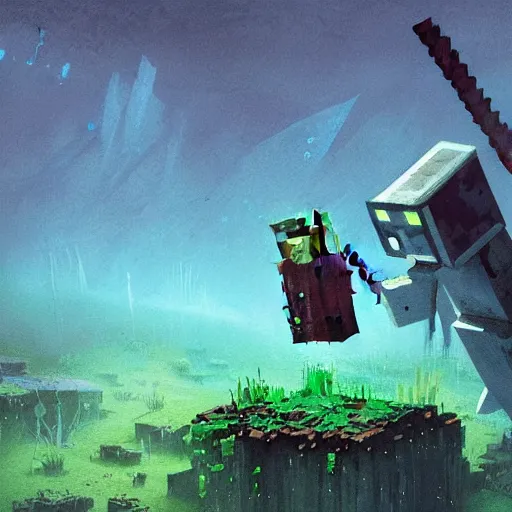 Image similar to painting by greg rutkowski of a minecraft drowned zombie with glowing cyan eyes, wearing ragged clothing and and algae growing on it, holding a trident, underwater