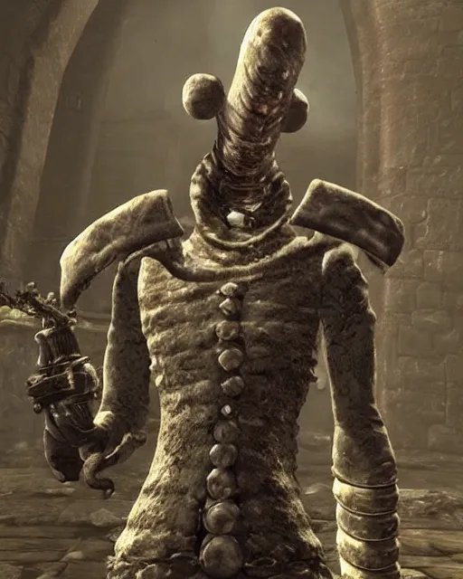 Prompt: squidward as a dark souls boss