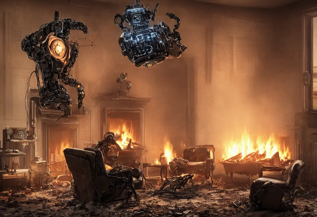 Prompt: An intimate closeup portrait photograph of a menacing cybertronic robot sitting on a frayed recliner in front of a single beautiful fireplace with a cozy fire, in a dilapidated steampunk Victorian home, soft cold morning light seeping in a window, with cinematic lighting and lens flare, tall ceiling, octane render, cgsociety, by Simon Stalenhag and Ralph McQuarrie, highly detailed close up shot, award-winning highly detailed 8k anamorphic Arri Alexa Cooke cinematic movie photograph