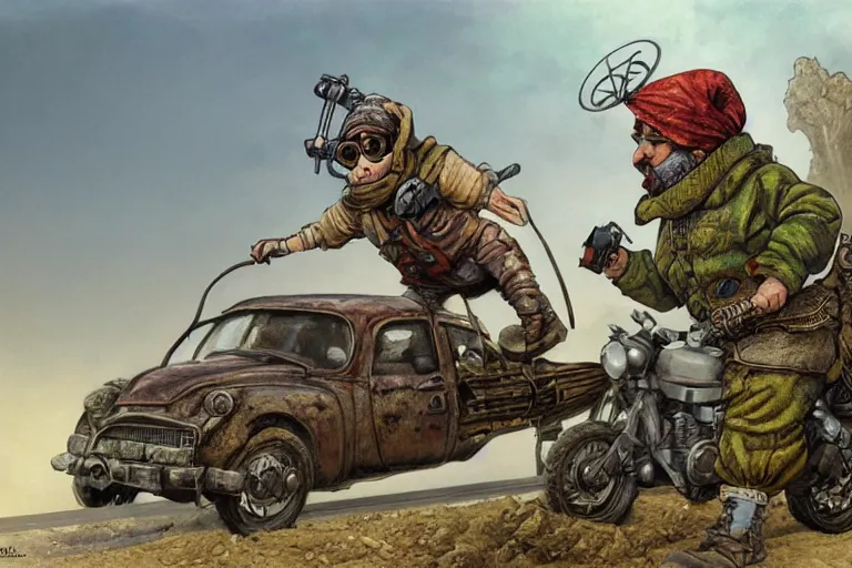 Image similar to a highly detailed garden gnome wearing goggles and head scarf hanging off the back of a car as its speeding down the highway, wasteland, post - apocalyptic road warrior vibe, full body, wide angle, an ultrafine detailed painting by p. craig russell and barry windsor - smith, trending on deviantart, octane, masterpiece