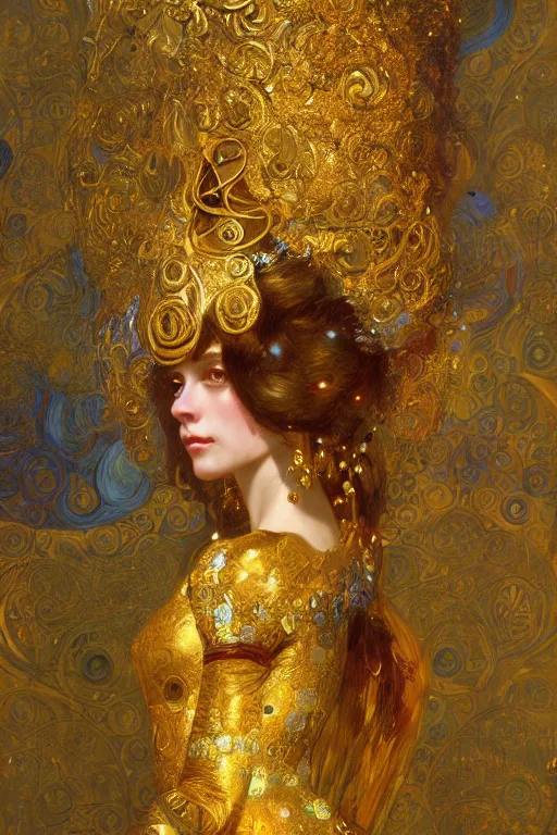 Prompt: an intricate artistic klimt golden motives and textures, hyper detailed, ornamental gold headpiece, octane render, vivid colors, artstation, by jeremy mann, by alphonse mucha, by boris vallejo