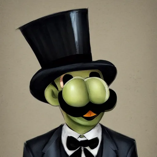 Image similar to dapper fancy luigi wearing a top hat, smirking deviously, painted by wlop