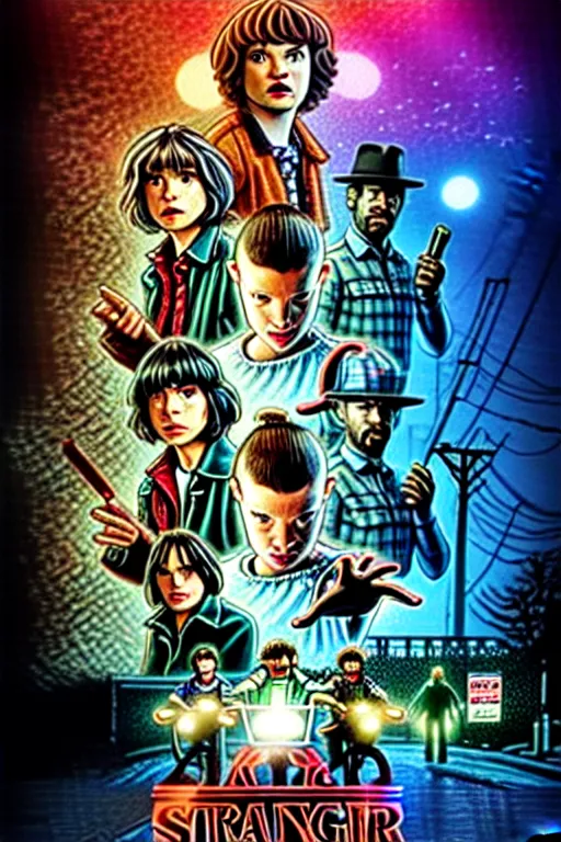 Image similar to Stranger Things Season poster with cast of Futurama, Matt Groening, high resolution, hyper detailed, intricate, photorealistic, all cast members, netfilx !n-9