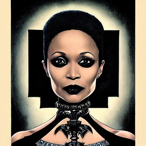 Image similar to thandiwe newton as the comic book character, death, a young and beautiful pale goth girl wearing a black vest and black punk hair, an ankh medallion hangs around her neck. dramatic makeup, the actress thandiwe newton, comic art portrait by joshua middleton and coles phillips, kandinsky,