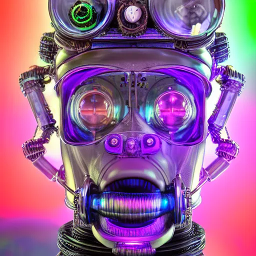 Prompt: a glass statue of a steampunk futuristic robot head wearing brain sensors with multicolored tubes, 8 k, front shot, symetrical, flourescent colors, halluzinogenic, multicolored, insanely detailed, front shot, 3 d render, octane