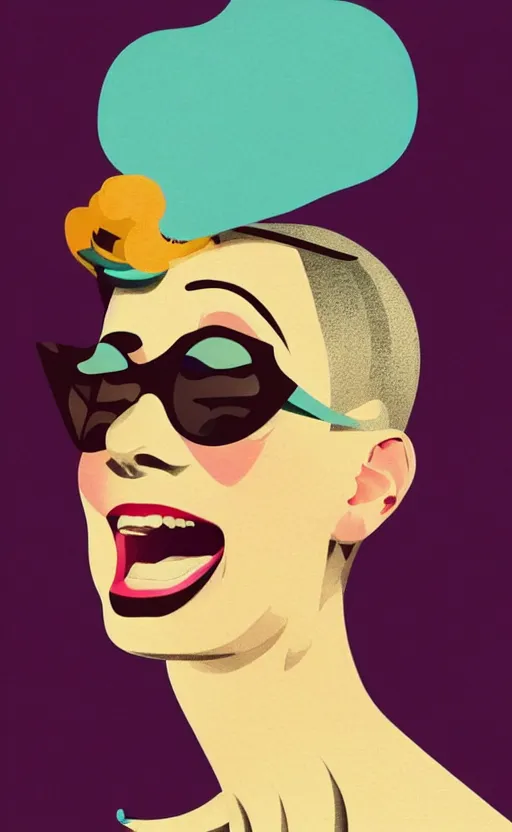 Prompt: illustration portrait of a woman with white buzzcut laughing out loud, art deco painting by tom whalen, funny meme photo, trending on behance, digital illustration, storybook illustration, grainy texture, flat shading, vector art, airbrush, pastel, watercolor, poster