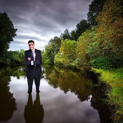 Prompt: the man's face is near a river with a reflection of himself, surreal portrait, surrealism, shot with nikon z9, natural light,