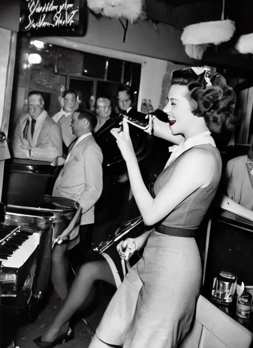 Prompt: a 1 9 4 0 s photograph of a singer in a jazz club, kodak kodachrome film photography, flash photography