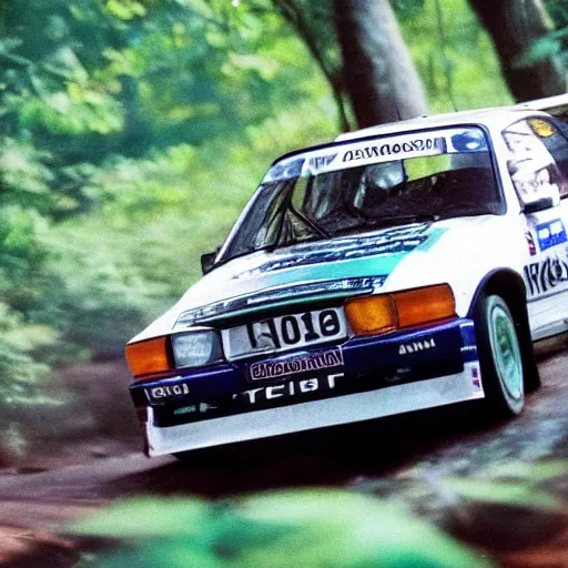 Image similar to 1990 rally racing through a forest, photorealistic, detailed, uhd,