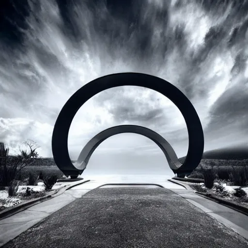 Prompt: Futuristic iron arch that reflects the sky, dramatic photo, high contrast