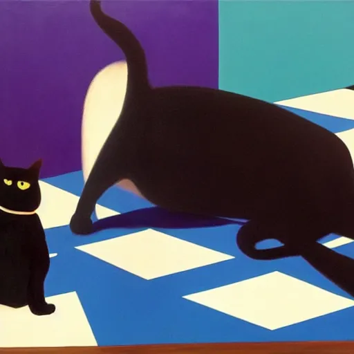 Image similar to in an art gallery, there is a huge painting of carmen herrera blue with white line. a black cat is looking up at the painting. a surrealist painting by george tooker, cgsociety, surrealism, surrealist, dystopian art, 3 d, purple color scheme