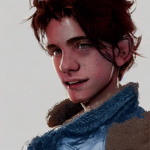 Image similar to portrait of a very masculine teenage girl with blue eyes and brown hair, short men's haircut, smiling, wearing an oversized sweater, dramatic lighting, illustration by Greg rutkowski, yoji shinkawa, 4k, digital art, concept art, trending on artstation