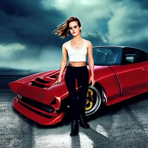 Image similar to emma watson starring in the new fast and furious movie she is driving a very expensive car, 8 0 s movie, cinematic, exciting, movie poster, bright, colorful