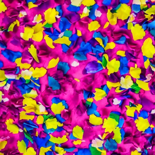 Image similar to spaciously scattered multi colored flower petals flowing through the air from left to right on a clean background