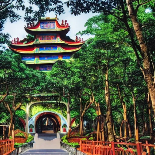 Image similar to Movie frame from the coloured Disney animated motion picture released in 1949, beautiful half built building in Taiwan forest full of