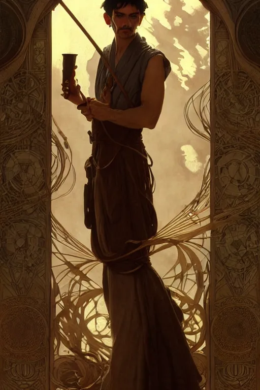 Image similar to ultra realistic, thin man in peasant clothes, black hair, brown eyes, occult jewelry, fantasy, intricate details, eerie, highly detailed, octane render, 8 k, art by artgerm and alphonse mucha and greg rutkowski