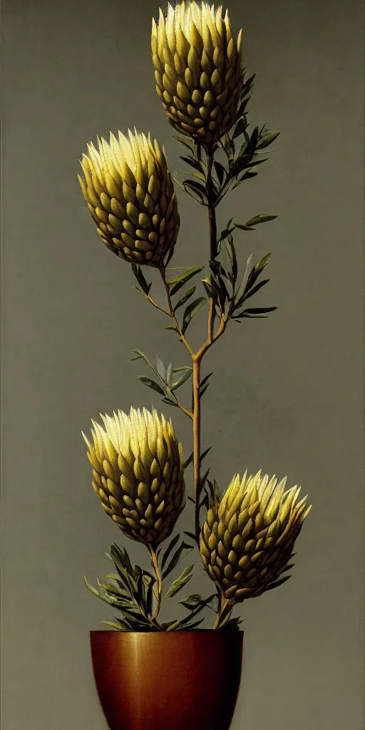 Prompt: tall king proteas against a black backdrop by martin johnson heade, detailed brush strokes, artstation